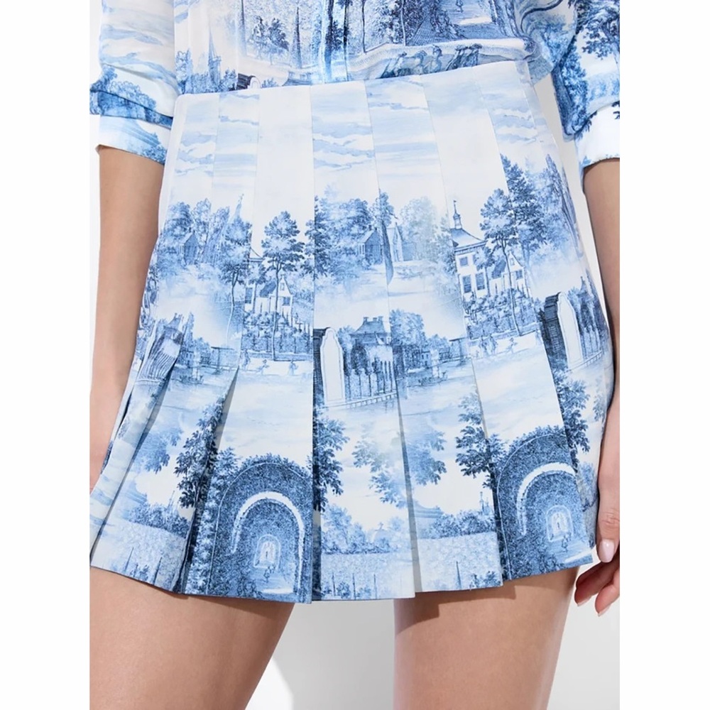 Alice + Olivia Carter Chateau Toile de Jouy Pleated Mini Skirt Blue Floral 2